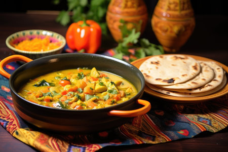 indian curry in a colorful bowl with naan on the side, created with generative aiの素材