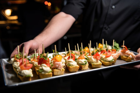 hand presenting a variety of skewer appetizers on a tray, created with generative aiの素材