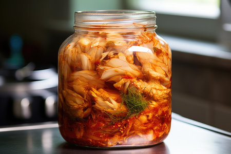 image of kimchi fermentation process in a clear glass jar, created with generative aiの素材
