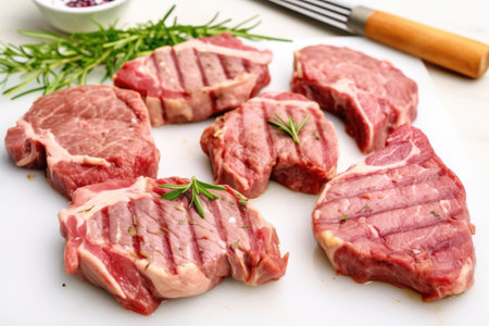 lamb chops with grill marks on a white table, created with generative aiの素材