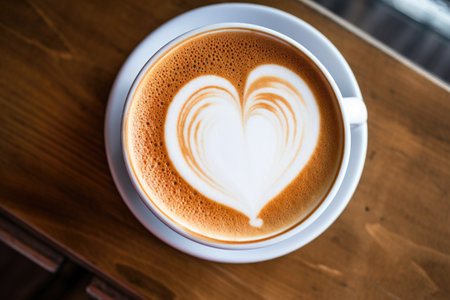 overhead shot of a latte with a heart-shaped foam design, created with generative aiの素材