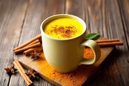 turmeric latte in a rustic mug on a wooden countertop, created with generative aiの素材