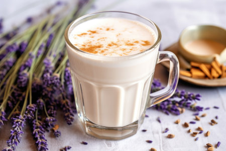 a glass of lavender latte with dried lavender flowers on the side, created with generative aiの素材