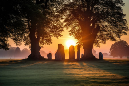 sunrise over a standing stone circle, created with generative aiの素材