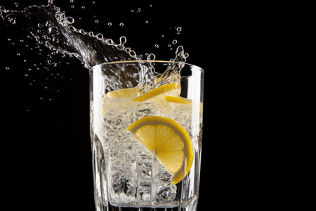 droplets of water falling on a glass of freshly made lemonade, created with generative aiの素材