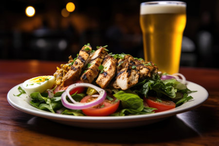 grilled chicken salad with a pint of light beer, created with generative aiの素材