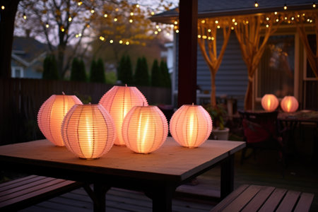 paper lanterns forming a gentle glow on a rattan table, created with generative aiの素材