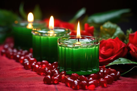 close-up of a kinara with fresh green and red candles, created with generative aiの素材