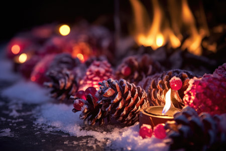 frozen berries illuminated by bonfire light, created with generative aiの素材