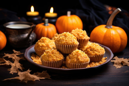 pumpkin spiced muffins with pumpkin-shaped candy on top, created with generative aiの素材