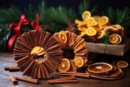 wreaths made from dried oranges and cinnamon sticks, created with generative aiの素材