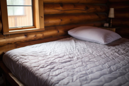 mattress pad on a bunk bed in a rustic cabin, created with generative aiの素材