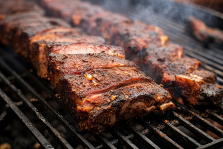 close-up of memphis dry-rubbed pork ribs on a grill, created with generative aiの素材
