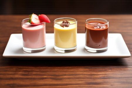 mousse trio featuring chocolate, strawberry, and vanilla, created with generative aiの素材
