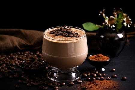 coffee mousse decorated with cocoa powder and coffee beans, created with generative aiの素材