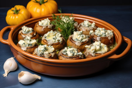 baked mushrooms stuffed with creamy blue cheese in a ceramic dish, created with generative aiの素材