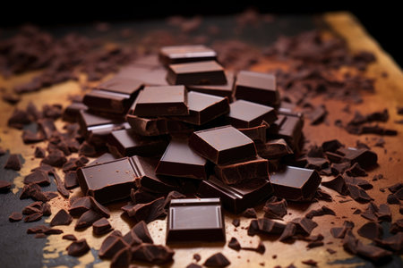 dark chocolate pieces scattered on a brown sheet, created with generative aiの素材