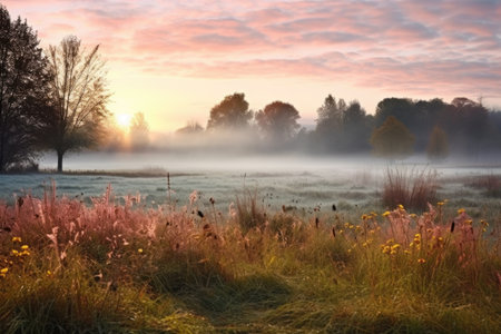 early morning mist hovering over an autumn meadow, created with generative aiの素材