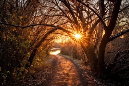sunrays peeking through branches over an empty trail, created with generative aiの素材