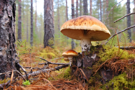 mushroom birch bolete in a pine forest, created with generative aiの素材