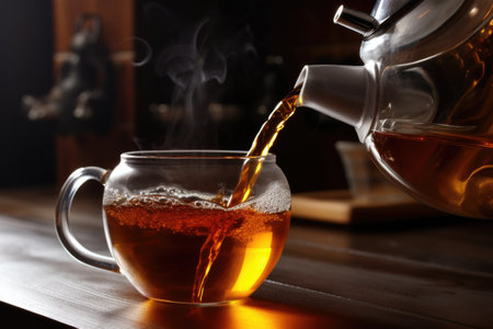 a kettle of hot water pouring into a cup of tea, created with generative aiの素材