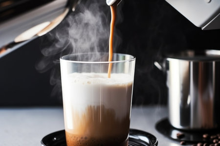 closeup of a coffee maker pouring steaming oat milk cappuccino into a mug, created with generative aiの素材
