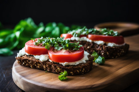 dark rye bread turned into caprese style open-faced sandwich, created with generative aiの素材