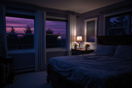 bedroom with twilight colored ambient light, created with generative aiの素材