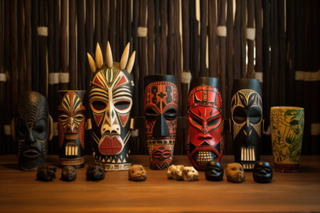 african tribal masks organized on a wooden table, created with generative aiの素材