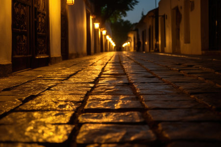 illuminated lanterns casting shadows on a cobblestone path, created with generative aiの素材