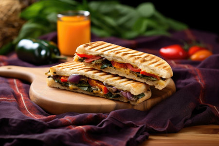 grilled vegetable panini with bell peppers on canvas mat, created with generative aiの素材