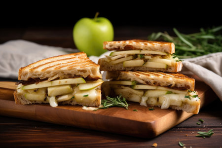 gourmet brie and apple panini sliced diagonally, created with generative aiの素材