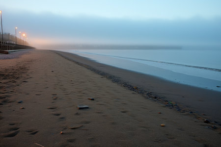 empty beach before sunrise, lingering morning fog, created with generative aiの素材