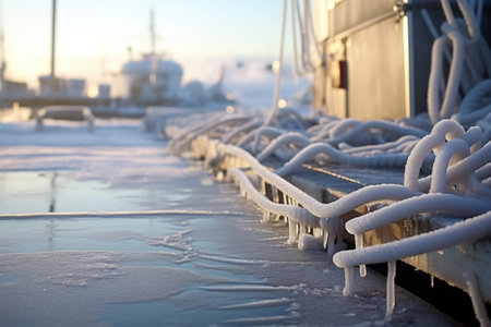frost on ropes and metal mooring fixtures by the water, created with generative aiの素材