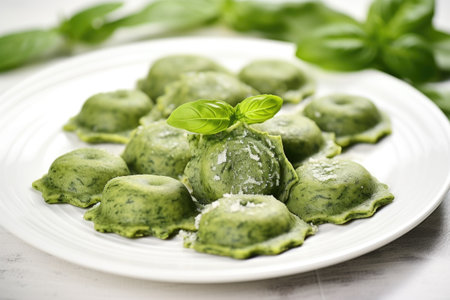 fresh spinach ravioli pasta overlapped on a white ceramic plate, created with generative aiの素材