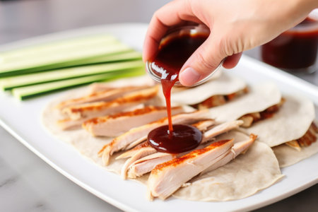adding hoisin sauce on peking duck slices, created with generative aiの素材