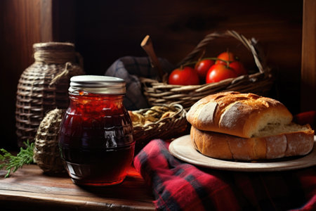 jar of homemade jam and basket of bread on wooden table, created with generative aiの素材