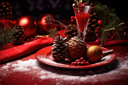 christmas menu surrounded by snowy pinecones on a red cloth, created with generative aiの素材