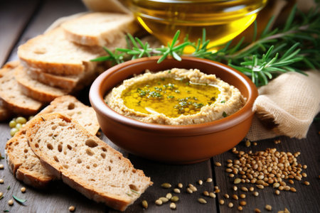 chickpea hummus with olive oil and whole wheat bread, created with generative aiの素材