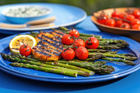 grilled tomatoes and asparagus on a blue platter, created with generative aiの素材