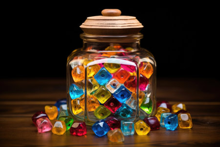 a glass jar full of multicolored dreidels, created with generative aiの素材