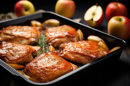 pork chops in baking tray coated with liquid apple sauce, created with generative aiの素材