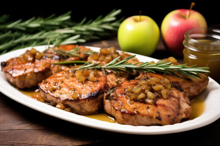 platter of pork chops topped with apple sauce next to rosemary sprigs, created with generative aiの素材