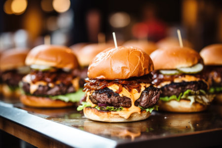 close focus on well-done burgers with juiciness oozing out, created with generative aiの素材