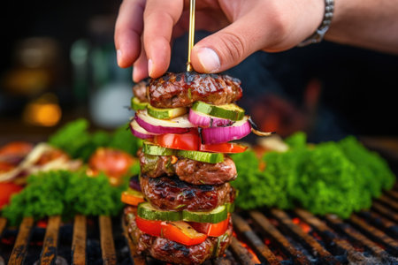 hand securing a grilled burger layered with veggies in a bun using a skewer, created with generative aiの素材