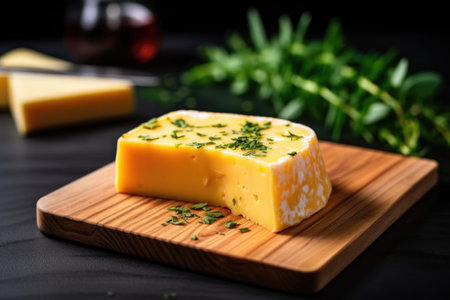 a small slice of cheese on a board, created with generative aiの素材