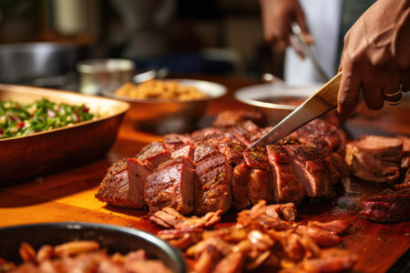 roasted meat being cut in pieces for kwanzaa dinner, created with generative aiの素材