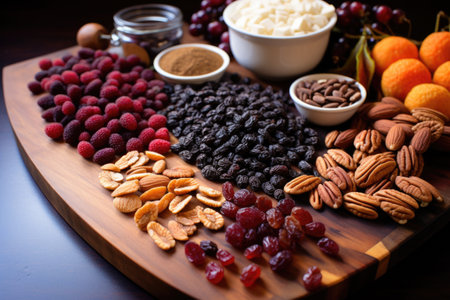 berries, nuts, and dried fruit on wooden board, created with generative aiの素材
