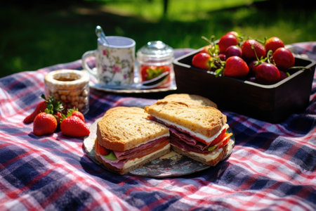 a picnic set with a heart-shaped sandwich on a plaid blanket, created with generative aiの素材