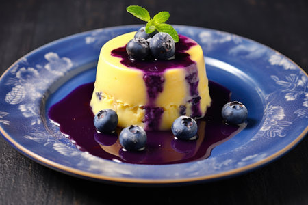 blueberry pudding on a blue ceramic plate, created with generative aiの素材